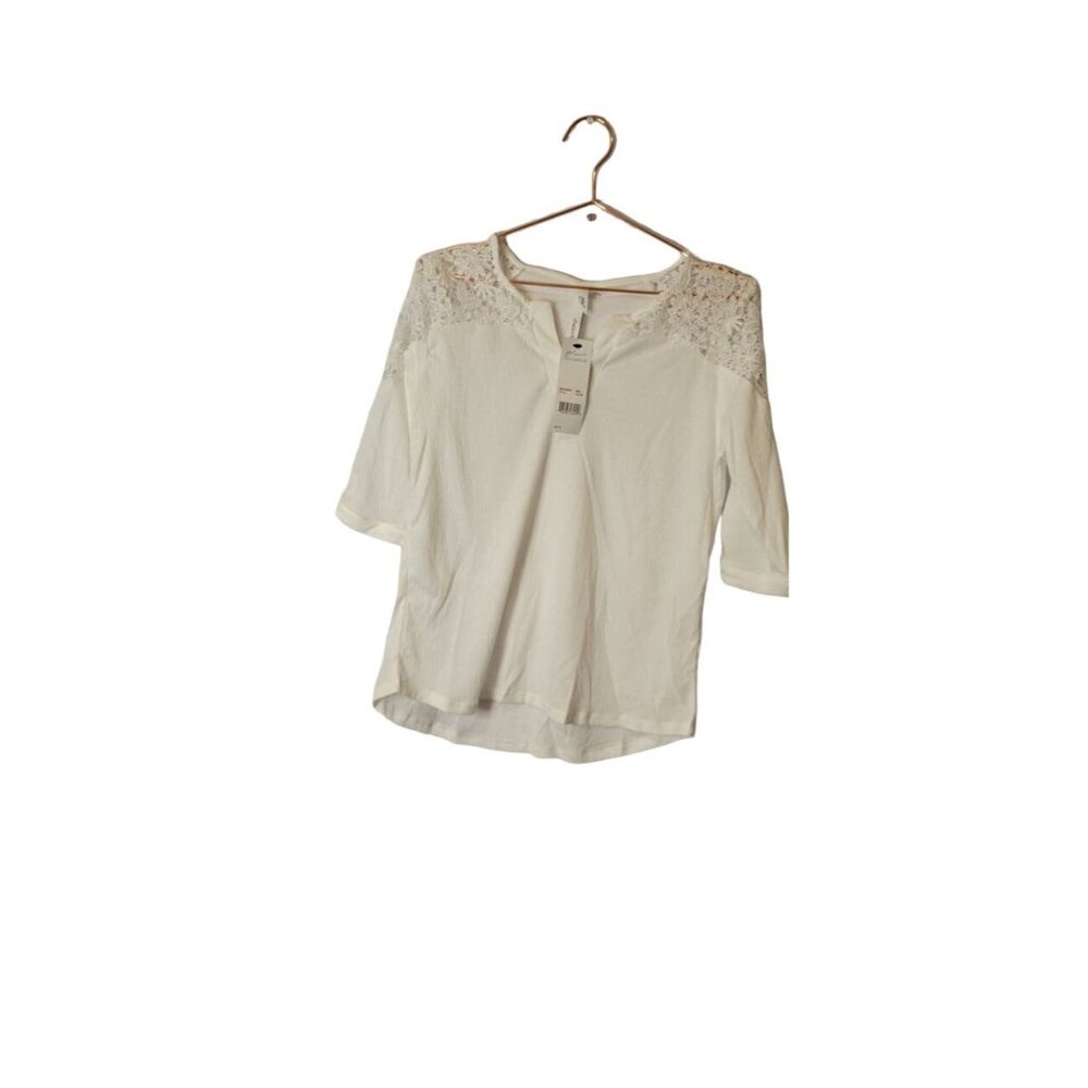 NY Collection Womens Lace Accent White Top Size S